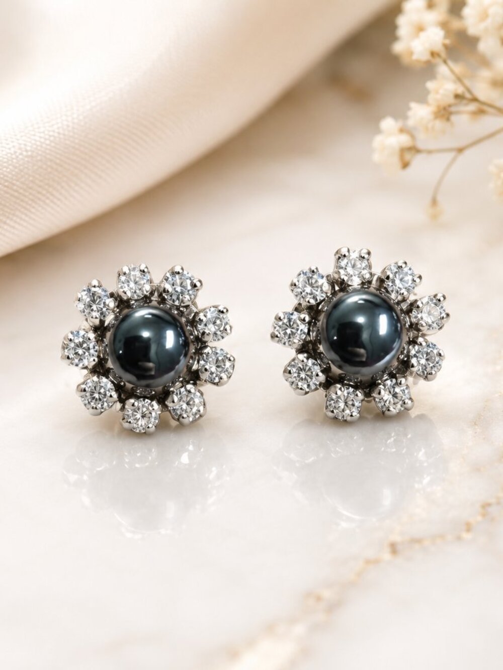 Elegant Halo Earrings with Black Pearl and Crystals